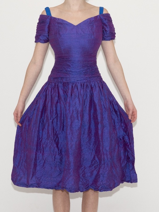 American Vintage Dresses & Skirts - Vintage purple shift formal prom dress off the shoulder size XS